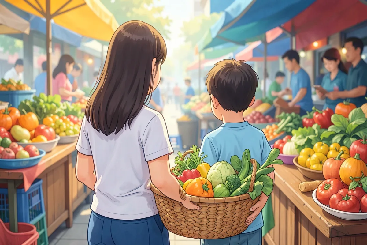 Cùng con đi chợ, đi siêu thị: lập danh sách, đọc nhãn, chọn đồ tươi